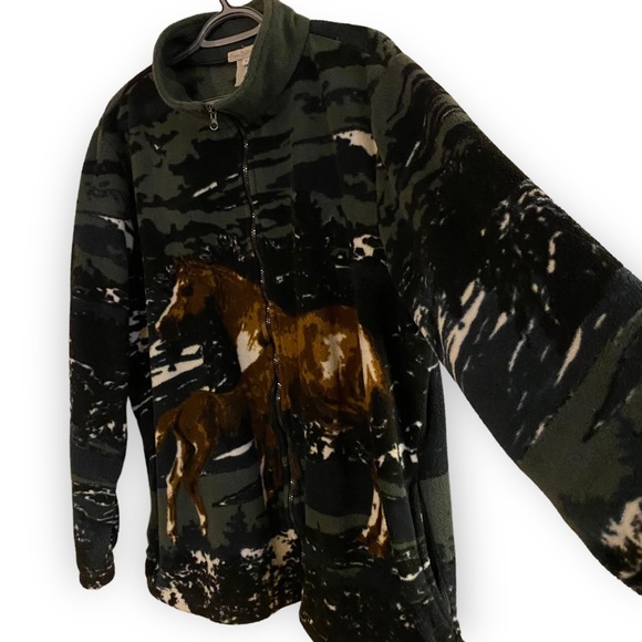 Vintage 90s Horse / Nature Print  Zip Up Fleece Shacket - Picture 5 of 14